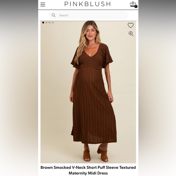 Brown Smocked Puff Sleeve Midi Dress - PinkBlush Maternity - Picture 1 of 4